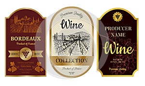 Vintage wine labels. Alcohol badges with pictures of vineyard chateau village bordeaux labels vector collection