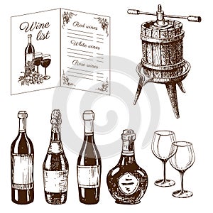 Vintage winery wine production handmade draft winemaking sketch fermentation grape drink vector illustration