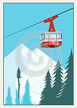 Vintage Winter cartoon background, poster. Red ski Lift Gondolas moving