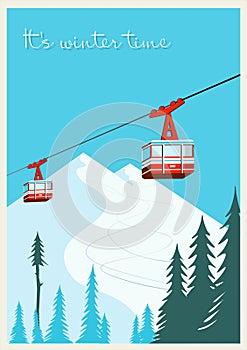 Vintage Winter cartoon background, poster. Red ski Lift Gondolas moving in Snow Mountains