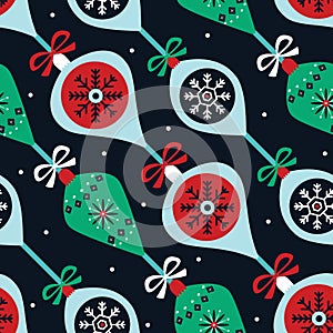 Vintage winter holidays diagonal seamless pattern with christmas baubles, ribbons and bows