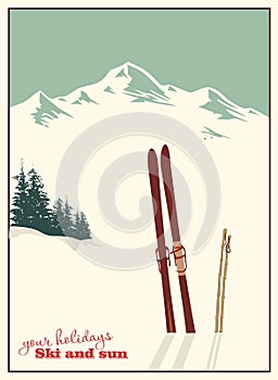 Vintage winter ski poster. Downhill skiing with sticks sticking out on a background of snowy mountains.