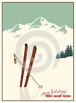 Vintage winter ski poster. Downhill skiing with sticks sticking out on a background of snowy mountains.