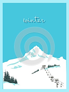 Vintage winter ski poster. Winter background. Mountain landscape with ski lift. Refined interior solution.