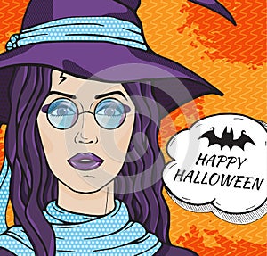 Vintage witch in hat and round glasses with message Happy Halloween, pop art comics style vector illustration. Girl in witch
