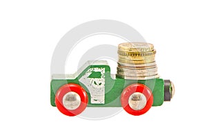 Vintage wodoen truck toy and money coins concept