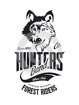 Vintage wolf custom motors club t-shirt vector logo on white background