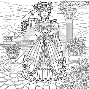 Vintage woman coloring book page