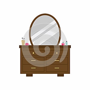 Vintage woman dressing table with oval mirror, shelves and cosmetics. Classic bedroom furniture decoration concept. Flat cartoon