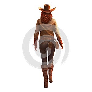 wild western cowgirl rear full view. transparent PNG. walking away.