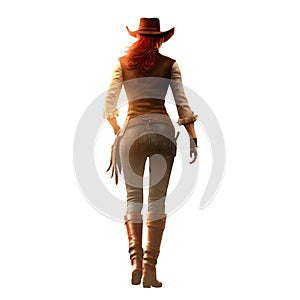 rear view of a pretty red headed cowgirl walking away. old west. transparent PNG