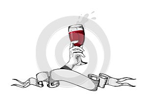 Vintage woman hand with wine. Girl drink grape beverage. Engraving glass of alcohol and ribbon. Classic female arm