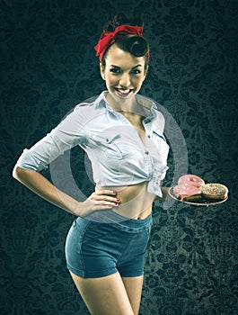 Vintage woman in old-fashioned dress, serve donuts