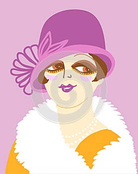 Vintage woman portrait in 1920s style fashion with cloche hat and winter fur coat. Vector retro style flapper girl on pink