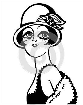 Vintage woman portrait in 1920s style fashion dress. Vector retro style flapper girl with hairdo and beads