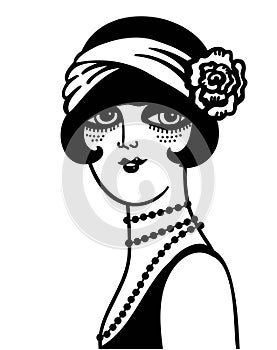 Vintage woman portrait in 1920s style fashion dress. Vector retro style flapper girl with hairdo and beads