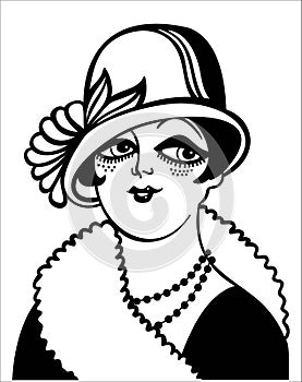 Vintage woman portrait in 1920s style fashion dress. Vector retro style flapper girl with hairdo and beads