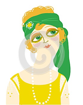 Vintage woman portrait in 1920s style fashion with green head accessories. Vector retro style flapper girl with blondy hairdo and