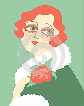 Vintage woman portrait in 1920s style fashion with red flower in hand. Vector retro style flapper girl with red hairdo