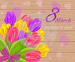 Vintage Women day card with tulip flowers bouquet Vector illustrations