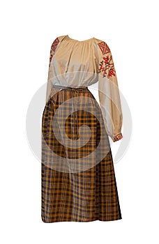 Vintage women`s clothing made of flax vishivanka isolated on a white background. folk clothes