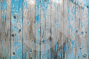 Vintage wood background with blue color peeling paint. photo