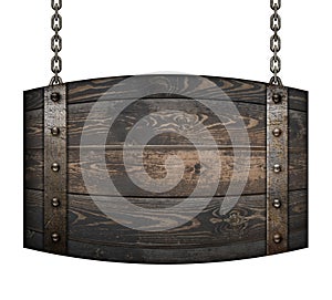 Vintage wood barrel signboard for restaurant hanging on chains isolated 3d illustration