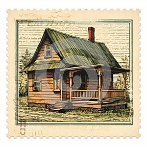 Vintage Wood Log House Stamp - Mid-century Illustration