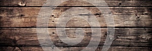 Vintage wood planks texture background, rough weathered wooden boards with nails. Panoramic wide banner of old dark barn wall.