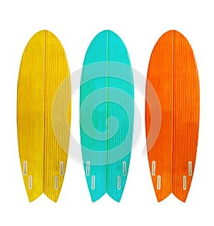 Vintage wood surfboard isolated on white