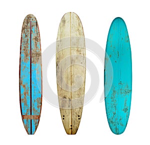 Vintage wood surfboard isolated on white with