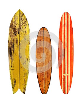 Vintage wood surfboard isolated on white