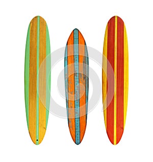 Vintage wood surfboard isolated on white