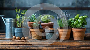A vintage wood table in the garden with garden tools, seeds, plants and soil. Spring in the garden concept background