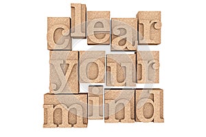 Vintage wood type Printing Blocks with Clear Your Mind Slogan