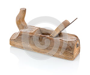 Vintage wood working tool isolated on white background with shadow reflection. Old jack plane on white backdrop.