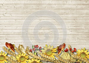 Vintage wooden background with golden autumn border