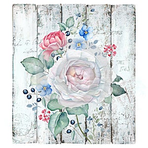 Vintage Wooden Background with Roses Bouquet