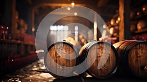 Vintage wooden barrels on dark wine cellar blurred background, old brown oak casks in storage of winery. Concept of vineyard,