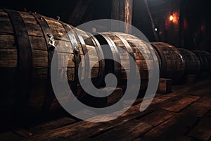 Vintage wooden barrels in dark wine cellar of medieval winery. Old oak casks with rum in underground storage. Concept of vineyard