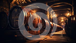Vintage wooden barrels inside old wine cellar, perspective for background. Many brown oak casks stored in dark storage of winery.