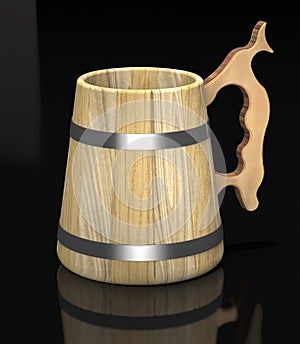 Vintage wooden beer mug in dark 3d illustration.