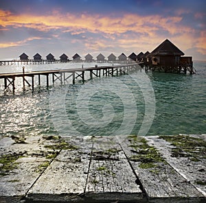 Vintage wooden board with sea, beach and lodges over water background