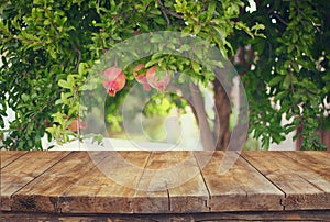 Vintage wooden board table in front of dreamy pomegranate tree landscape. retro filtered image