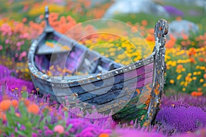 Vintage wooden boat in a field of multi-colored flowers, art painting