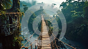 Vintage wooden bridge across tropical river, old suspension footbridge, perspective view. Landscape of green jungle and water.