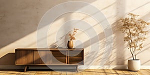 Vintage wooden brown cabinet with rattan door in blank beige cream fabric texture wallpaper wall in sunlight shadow of shoji
