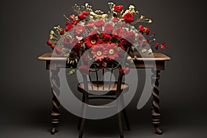 Vintage wooden chair with autumn flowers bouquet