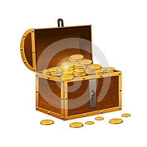 Vintage wooden chest with gold coins isolated on a white background. Vector illustration