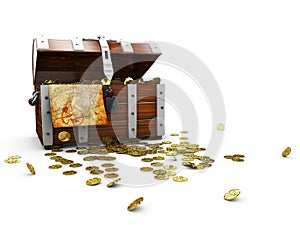 vintage wooden chest with golden coin 3D illustration isolated on white background